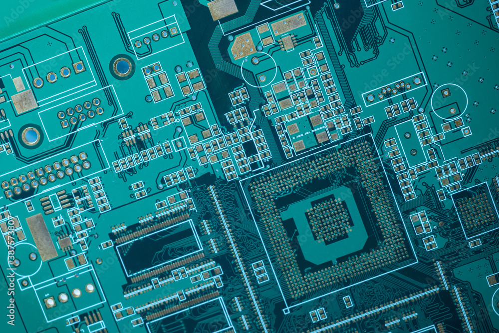 Poster blank circuit board close up. circuit board background. pcb as symbol of electronics. background wit