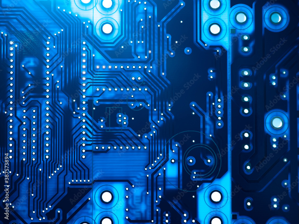 Poster blue background is made up of pcb. abstract printed circuit board close up. pcb productin concept. d