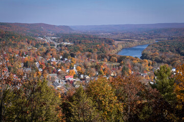 Milford, PA, and the Delaware River from scenic overlook on a sunny fall day