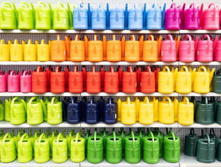 Colorful plastic watering cans on a shelf: Prosper and grow. © Daniel Beckemeier