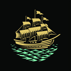Sailing ship - hand drawn vintage illustration in black background