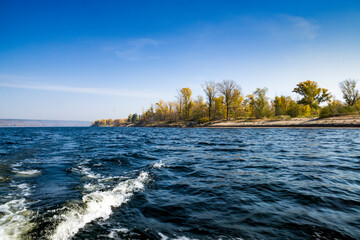 autumn, October, nature, landscape, day, sky, walk, travel, river, water, waves, light, shadow, island, sand, shore, high, trees, yellow, foliage, distance, height, space