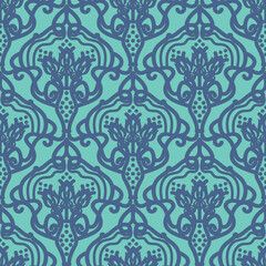 Damask seamless pattern. Blue ornament, art print, Wallpaper, fabric in vector, tile
