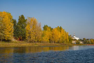 autumn, October, nature, landscape, day, sky, walk, travel, river, water, surface, glare, reflection, glare, light, shadow, shore, tall, trees, yellow, foliage, white, temple, Golden, dome