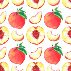 Seamless watercolor pattern with peaches and leaves