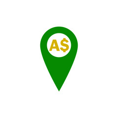 Green location pin and australian dollar sign on white background