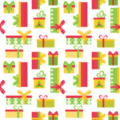 Bright seamless pattern with multi-colored gift boxes on a white background. Great for wrapping paper, gift boxes. Flat objects are isolated and hidden under a mask. Easy to edit. Vector illustration.