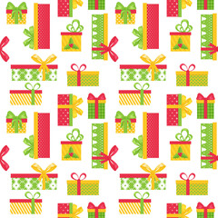 Bright seamless pattern with multi-colored gift boxes on a white background. Great for wrapping paper, gift boxes. Flat objects are isolated and hidden under a mask. Easy to edit. Vector illustration.
