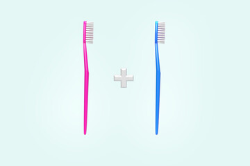 Illustration 3D de deux brosses à dent avec un plus. concept du partage, de la relation à deux, du couple, de vivre ensemble, l'emménagement, le concubinage, l'amour