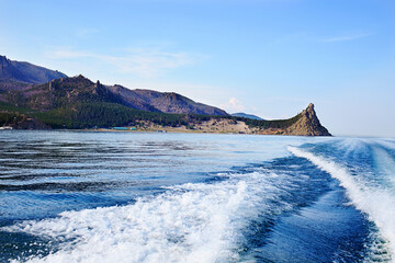Beautiful view of the bays of lake Baikal on a summer day. View from the yacht.