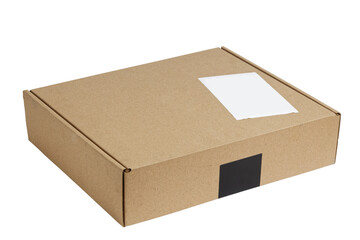 Closed brown cardboard box with blank white label. Box for parcel, delivery or packaging isolated on white background.