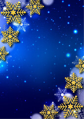 Fototapeta na wymiar 金色のラメの雪の結晶　青く光る雪　青のグラデーション背景　ふわふわの透明なドット　冬のフレーム素材（縦型）