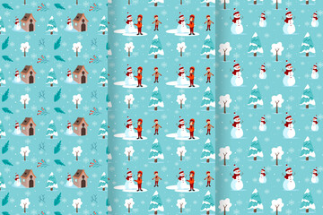 Merry christmas pattern with children making snowman