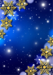 Fototapeta na wymiar 金色のラメの雪の結晶　綿雪と青のグラデーション背景　ふわふわの透明なドット　冬のフレーム素材（縦型）
