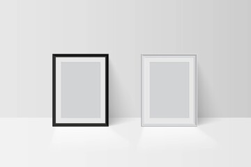 Realistic vector 3d empty blank black and white simple frame mockup templates isolated on light background. Picture or photo framing mats with border shadow. Gallery, home design interior.