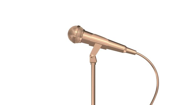 Golden microphone rotating on a stand. White isolated background. Seamless looping. Contains Luma Matte