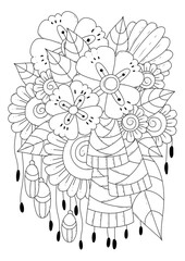 Coloring page for children and adults. Vector illustration with abstract flowers. Black-white background for coloring, printing on fabric or paper.