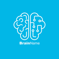 Technical brain. Half of the brain as an electrical board. White line icon isolated on blue background. Vector illustration flat design. Idea and creativity symbol.