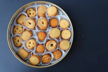 An overhead or flat lay view of Danish butter chocolate cookies in the traditional tin box. ideal for Valentine's day/Raksha Bandhan/Diwali/Christmas gift. with copy space