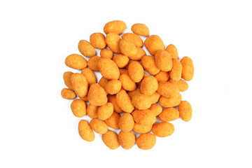 Peanuts covered with chili paprika seasoning. Pile of salty appetizer isolated on white background