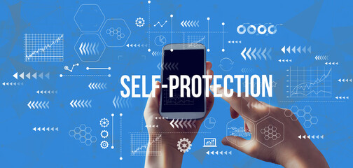 Self-protection coronavirus theme with person holding a white smartphone