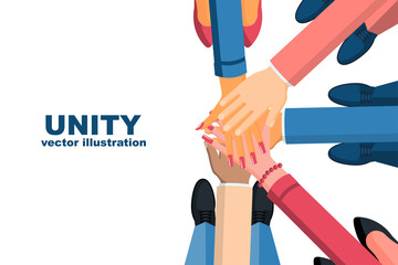 Unity concept. Top view of a group of young business people, holding hands together. Unity and teamwork. Vector illustration flat design. Isolated on white background.