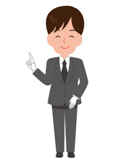 笑顔で指差ししてポイントを解説するスーツ姿の男性スタッフ