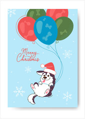 Cute new year card with a husky in a hat of santa claus flying on balloons. The inscription Merry Christmas, and illustration. Cute christmas poster with a dog in cartoon style. Vector.