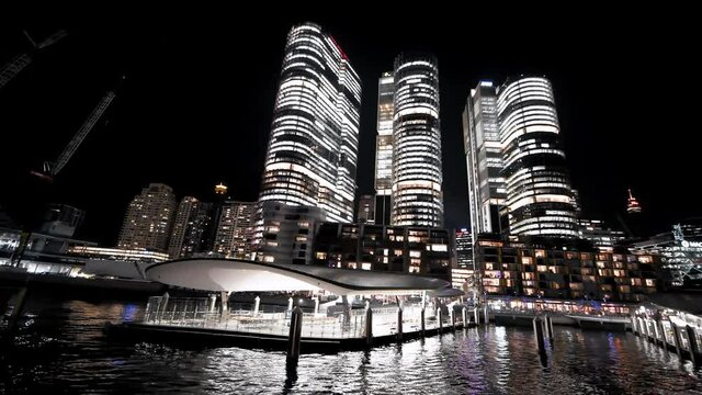 Night view of Barangaroo Skyscrapers from a moving boat, Sydney