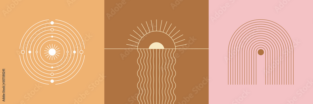 Poster Vector set of linear boho icons and symbols - sun logo design templates  and pritns - abstract design elements for decoration in modern minimalist style