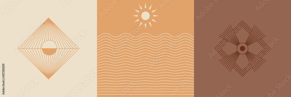 Poster Vector set of linear boho icons and symbols - sun logo design templates  and pritns - abstract design elements for decoration in modern minimalist style