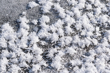 Snowy white background with frosty crystals and curly snowflakes close-up. Winter is a cold season with a blinding white bright color