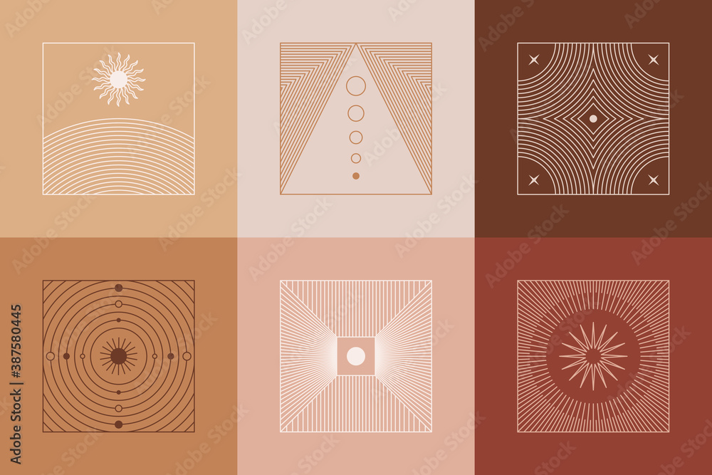 Poster Vector set of linear boho icons and symbols - sun logo design templates  and pritns - abstract design elements for decoration in modern minimalist style