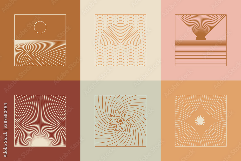 Poster Vector set of linear boho icons and symbols - sun logo design templates  and pritns - abstract design elements for decoration in modern minimalist style