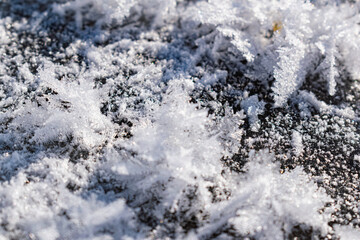 Snowy white background with frosty crystals and curly snowflakes close-up. Winter is a cold season with a blinding white bright color