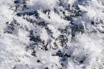 Fototapeta na wymiar Snowy white background with frosty crystals and curly snowflakes close-up. Winter is a cold season with a blinding white bright color