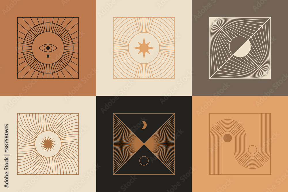 Poster Vector set of linear boho icons and symbols - sun logo design templates  and pritns - abstract design elements for decoration in modern minimalist style