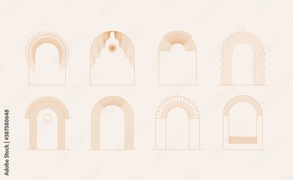 Fototapete Vector set of linear boho icons and symbols - sun logo design templates  and pritns - abstract design elements for decoration in modern minimalist style