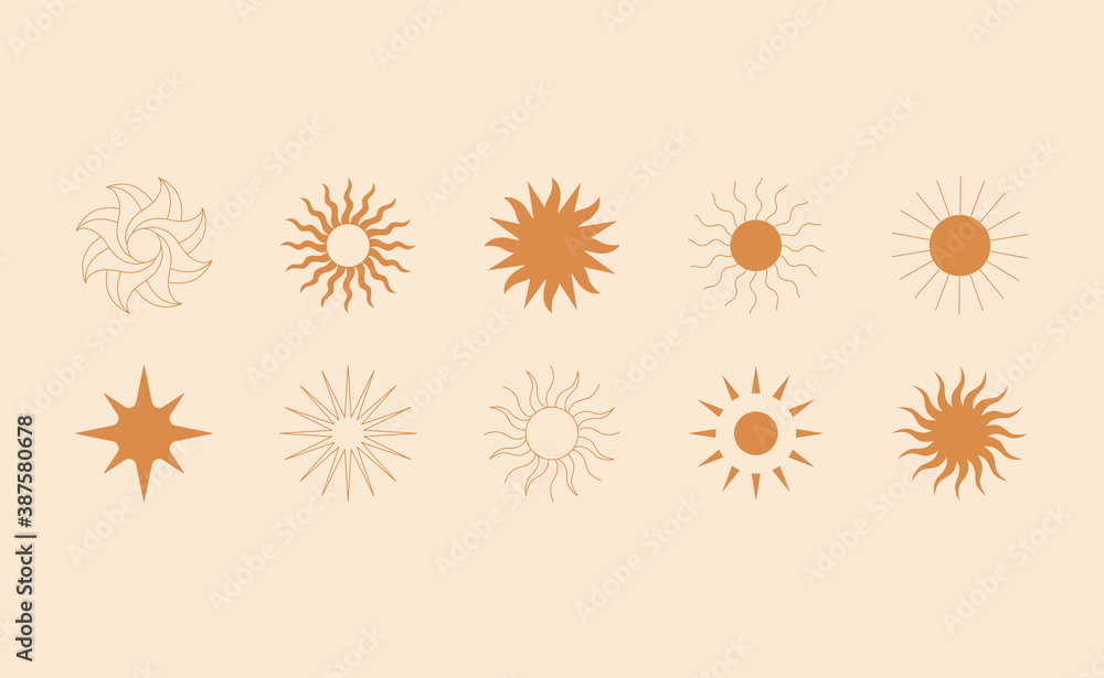 Poster Vector set of linear boho icons and symbols - sun logo design templates  and pritns - abstract design elements for decoration in modern minimalist style