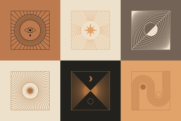 Vector set of linear boho icons and symbols - sun logo design templates  and pritns - abstract design elements for decoration in modern minimalist style