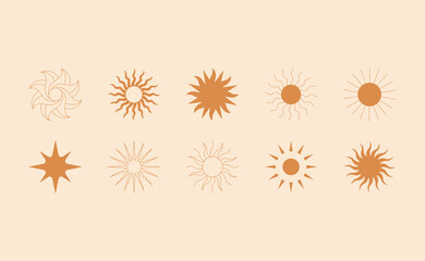Vector set of linear boho icons and symbols - sun logo design templates  and pritns - abstract design elements for decoration in modern minimalist style © venimo