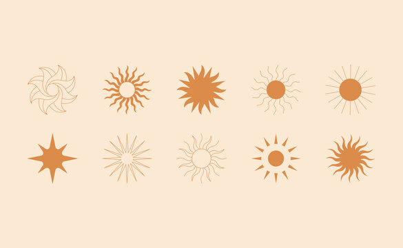 Vector set of linear boho icons and symbols - sun logo design templates  and pritns - abstract design elements for decoration in modern minimalist style