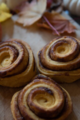 cinnamon rolls on wooden board