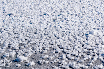 Snowy white background with frosty crystals and curly snowflakes close-up. Winter is a cold season with a blinding white bright color