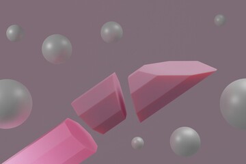 Pink broken crystal podium with flying pearl antigravity light background 3d illustration