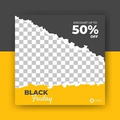 Editable square banner template. Post template banner vector design with black friday theme and torn paper. Perfect for social media post and internet ad. Flat vector design with photo collage.