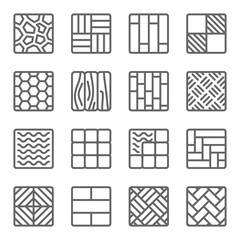 building construction materials icon illustration vector set. Contains such icon as Pattern, parquet, floor, wood, tile, brick, paver and more. Expanded Stroke