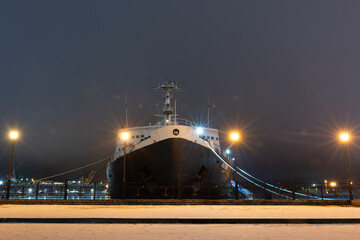 Nuclear icebreaker Lenin moored in Murmansk at night