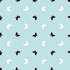 Vector butterfly seamless repeat pattern background design. Blue, black and white seamless repeat.