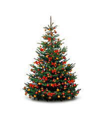 Bunt geschmückter Weihnachtsbaum vor weißem Hintergrund